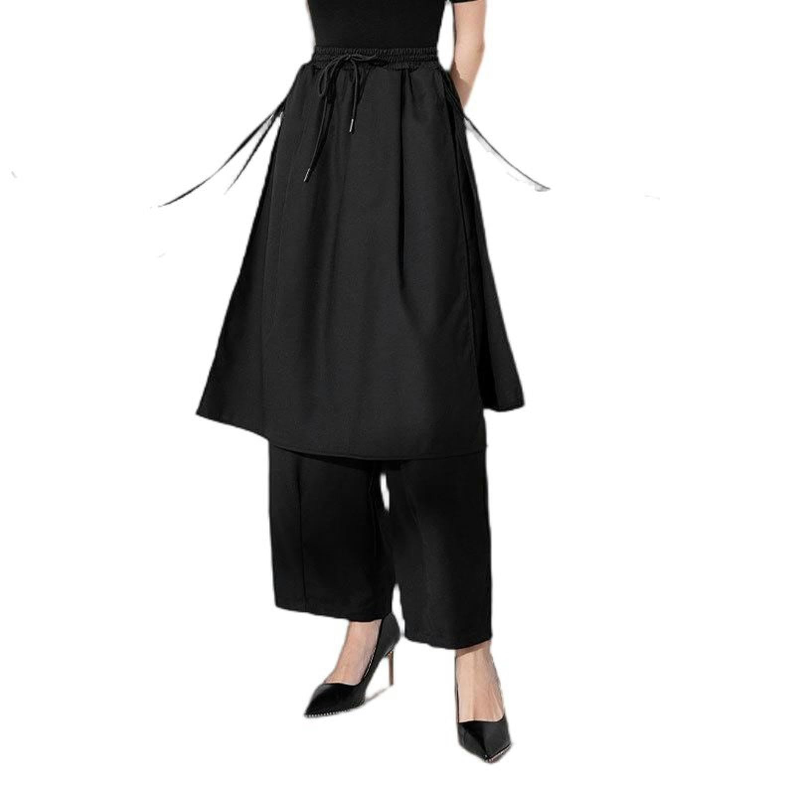 Jupe-Culotte Taille Haute Style Street Workwear avec Coutures latérales et banderoles, Jupe-Culotte décontractée et Pantalon décontracté à Jambes Larges - Noir - Taille Unique