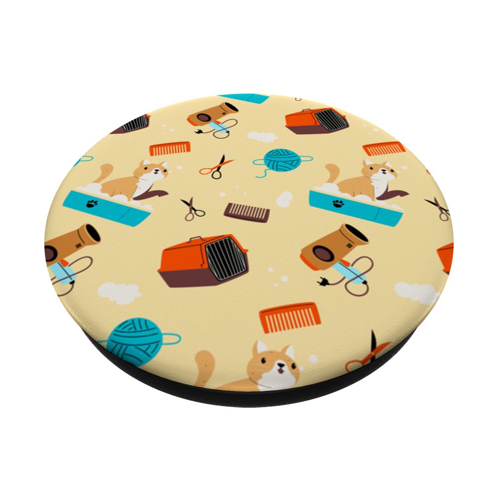 Cat Grooming Cute Color Pattern Graphic Background PopSockets Swappable PopGrip, Black - Image 2