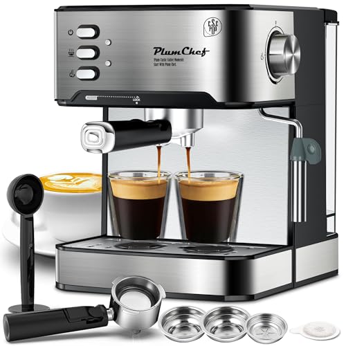 Plum chef 20 Bar Espresso Machine with Milk Frother, Dual Shot, ESE Pod Compatible, 54 OZ Removable Water Tank for Home Barista (Silver)