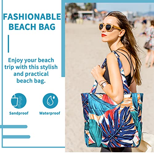 Kasqo Beach Tote Bags for Women, Waterproof Sandproof Large Pool Bag Stylish Zipper Beach Tote for Gym Travel Shopping School2