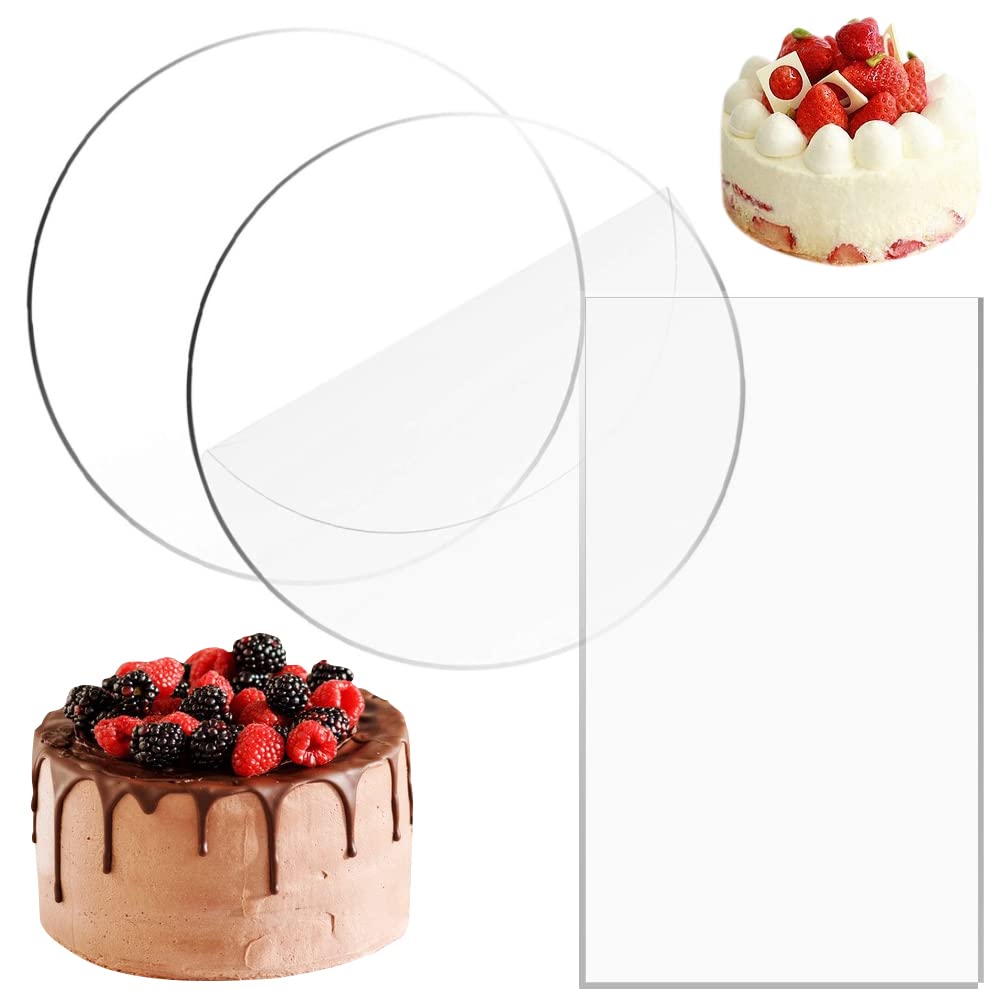 BUZIFU Pack of 2 Cake Board 20 cm Cake Board Round Cake Base Base Plates Acrylic Cake Plate Transparent Cake Mats with Cake Scraper for Transport Cakes