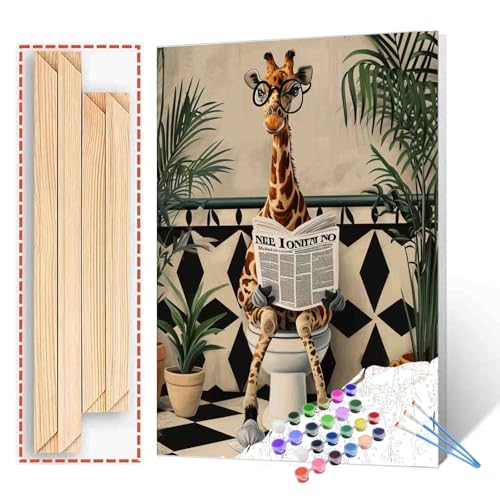 Tucocoo Malen nach Zahlen, Motiv: niedliche Giraffe auf Toilette, mit Pinseln und Acrylpigmenten auf Leinwand, Gemälde für Erwachsene, lustige Tiere, nordisches Badebild für Heimdekoration, Geschenke