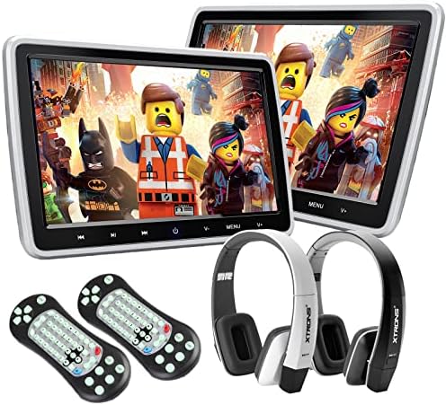 XTRONS Dual Car DVD Players 10.1 Inch TFT Screen Portable Car Headrest CD Player for Children Support HDMI Input, USB SD, AV in & Out, Region Free, 32 Bit Games with 2 Wireless IR Headphones (Black & White)