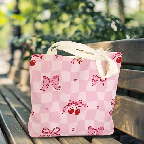 Bolso tote rosa con lazo para mujer, bolso de lona con diseño de cerezas y lazo, ideal como regalo para cumpleaños o Navidad, bolso de hombro para trabajo, compras, viajes o vacaciones miniatura 3