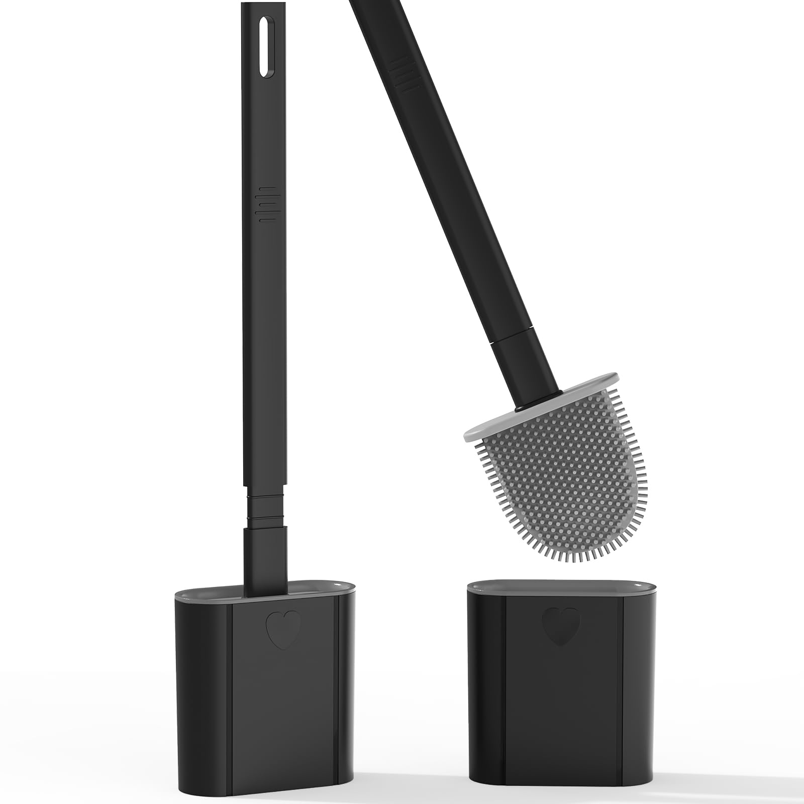 2 Pack Toilet Brush, Bathroom Silicone Toilet Brushes and Holder Sets with No-Slip Long Plastic Handle and Soft Flexible Bristles, Toilet Brushes with holders and Base for Anti-drip (Black)
