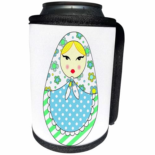 Can Cooler Bottle Wrap - Cute Russian Matryoshka Nesting Doll Blond Hair - Cool Colors White Designs Dolls