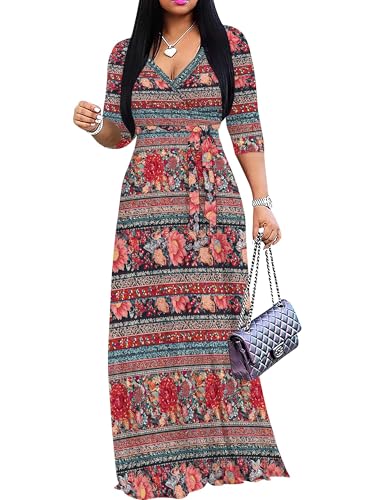 Image of Women's V Neck Floral Maxi Dress 3 /4 Sleeve Plus Size Boho Wrap Flowy Long Dresses with Belt