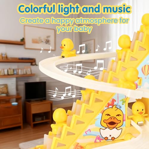 Image of Kidology Electric Stair Climbing Track Toy for Kids 2+ Years, Duck Roller Coaster Toys with Flashing Lights and Music for Toddlers Boys and Girls (3 Duck Slide)