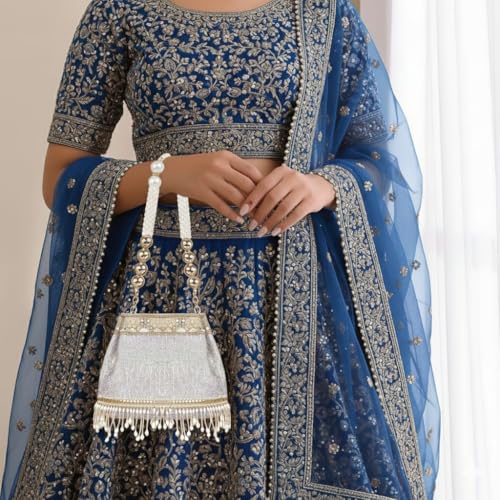 Image of Nevis PU Silk Fabric Women's Embellished Potli Bag with Pearl Handle & Fringe Detailing | Designe Wedding & Festive Handbag