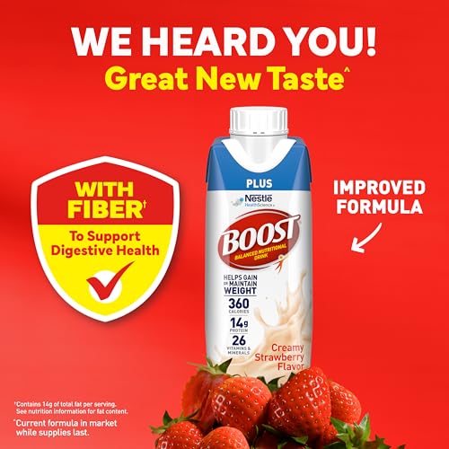 Image of BOOST Plus Nutritional Drink, Creamy Strawberry, 8 Fl Oz (Pack of 24) | Balanced, 8 FL OZ