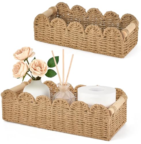 Dahey 2 Pcs Toilet Paper Storage Basket for Bathroom Woven Paper Rope Scalloped Edge Toilet Tank Basket with Handles for Organizing Over Toilet Storage Shelf Countertop Living Room Bedroom Home Decor