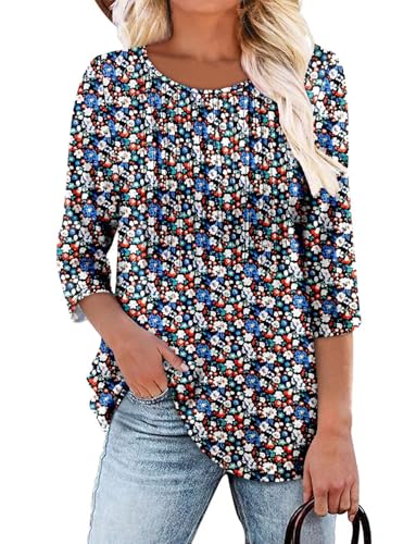 KISSMODA Tunic Tops for Women Loose Fit Dressy Round Neck Pleated 3/4 Length Sleeve Spring Tops