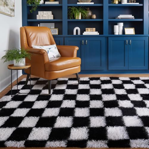 Teppich Kariert Wohnzimmer 90x150cm, Waschbarer Teppich Schlafzimmer Schwarz Weiß, Flauschig Hochflor Antirutsch Teppiche Schachbrettmuster, Modern Schachbrett Carpet für Living Room Kinderzimmer