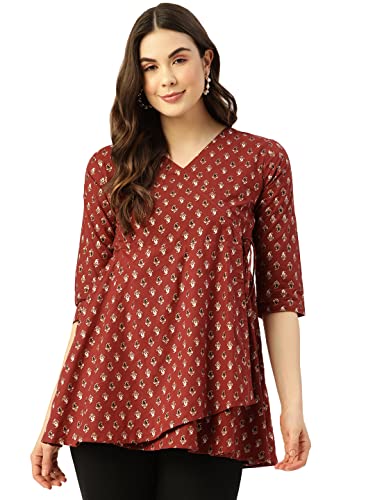 Image of feranoid Floral Print Angrakha 3 Sleeves Flared Kurti
