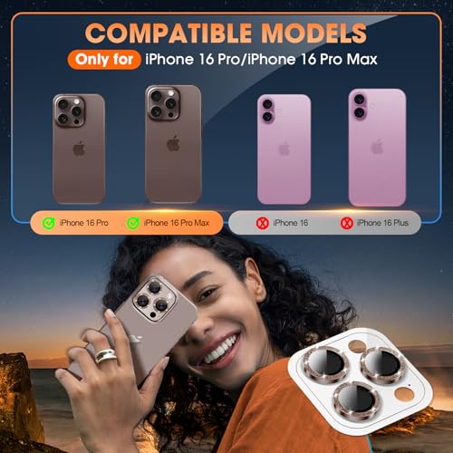 Image of for iPhone 16 Pro /16 Pro Max Camera Lens Protector Bling Individual Metal Glitter Ring 9H Hardness Scratchproof Protector, Stylish Phone Accessories, Case Friendly (Glitter Titanium Desert)