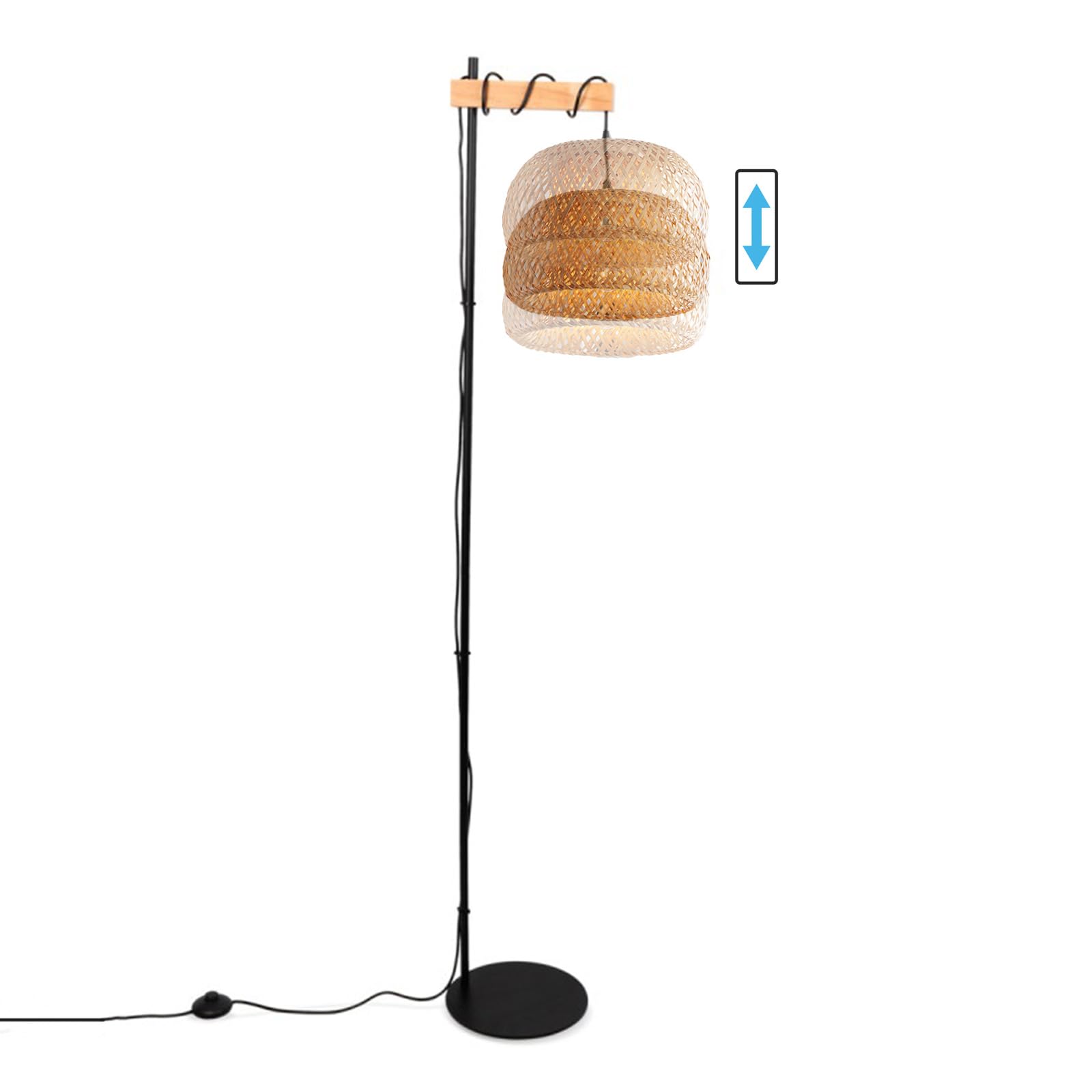 Alpinaluz Lámpara de Pie con Pantalla de Mimbre Natural Hecha a Mano – Estructura Negra y Madera, Base Ultrafina, Interruptor de Pie – Estilo Moderno Boho, Altura 157 cm, E27