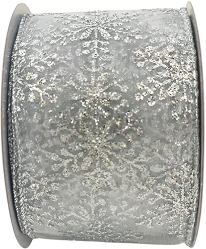 Image of Silver Snowflake Sheer Christmas Ribbon - 2 1 /2 inch x 10 Yards, Wired Ribbon, Gift Wrapping, Wreath Decoration, Garland, Tree Topper Bow, Winter, Gift Basket, Bows, Winter Decor