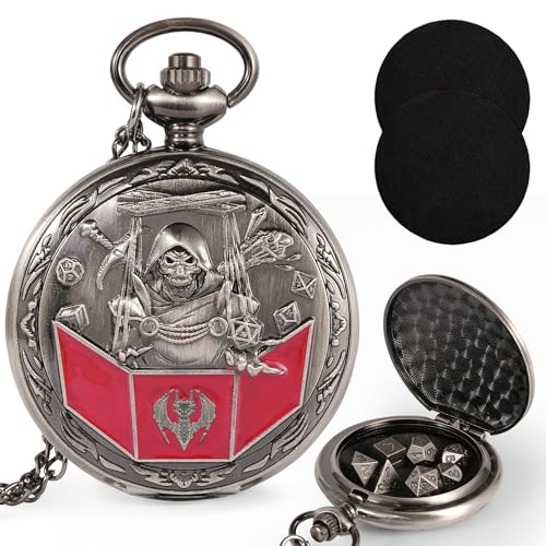 Image of Kabinka D&D Dice Set with Pocket Watch Shell, 7Pcs Polyhedral Dice Set, DND Dice with Necklace Perfect for Dungeons and Dragons Dice, RPG, Role Playing Dice Accessory (DM, Ancient Silver)