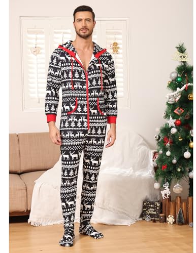 Image of Veseacky Family Christmas Pajamas Matching Sets Adult Onesie Zipper Hooded Footed One-Piece Pjs Jumpsuits