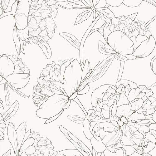 VEELIKE Papel Pintado Flores Beige Boceto Peonía Papel Pintado Au...