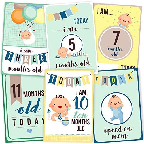 Wobbox Baby Monthly Milestone Card, Record 0-12 Months Growth and Other Milestones Cards, Baby Shower Gift Scrapbook Photo Keepsake Monthly Age Markers Card (36 Pcs) (Baby Boy) Design 4