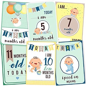Wobbox Baby Monthly Milestone Card, Record 0-12 Months Growth and Other Milestones Cards, Baby Shower Gift Scrapbook Photo Keepsake Monthly Age Markers Card (36 Pcs) (Baby Boy) Design 4