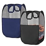 BENJUNC 2 pop-up foldable mesh laundry baskets (each with 2 reinforced handles), black + blue…