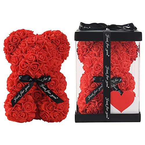 Gifts For Women - Rose Bear - Rose Flower Bear Hand Made Rose Teddy Bear - Gift For Valentines Day, Mothers Day, Wedding And Anniversary & Bridal Showers - W/Clear Clear Gift Box 10 Inch (Red) #TOP2
