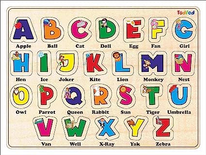 TodFod Wooden English Alphabets Puzzle Toy for Kids & Children, English Alphabets with Knob, Multicolor Pictures, Educational and Learning Boards