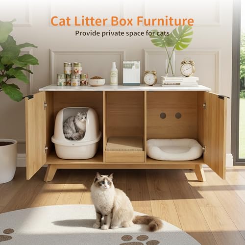 Image of Double Cat Litter Box Enclosure for 2 Cats,Fluted Hidden Litter Box Furniture with Litter Collector & Scratch Pad,47 inch Large Enclosed Cat Cabinet,Cat House,for Living Room,Natural with Marble Top