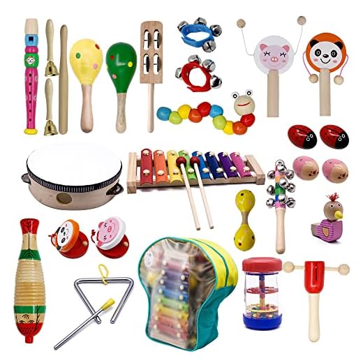 ATDAWN Kids Musical Instruments, 15 Types 22pcs Wood Percussion Xylophone Toys for Boys and Girls Preschool Education with Storage Backpack