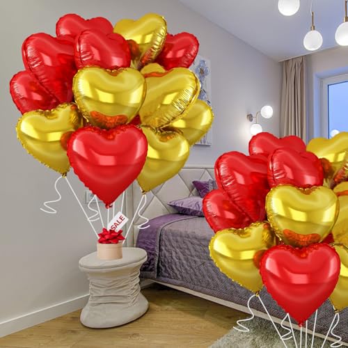 Image of Gold-Red Heart Balloons,18inch Gold Heart Shaped Foil Balloons & Red Foil Balloon for Anniversary Wedding Engagement Birthday Party Valentines Day Decorations(12Pcs)