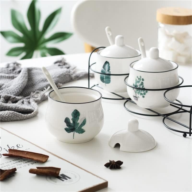 Dozownik przypraw Pojemnik na przyprawy, pudełko na przyprawy, pudełko na przyprawy Zestaw ceramicznych zbiorników na sól i pieprz Słoiki na przyprawy Słoiki na przyprawy Żelazny uchwyt Łyżka na przyp