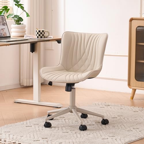 Image of YOUTASTE All Cream Office Chair, Modern Armless Desk Chair with Back, Adjustable Swivel Rolling Faux Leather Task Chair with Wheels Metal Base for Home Office, Study, or Vanity