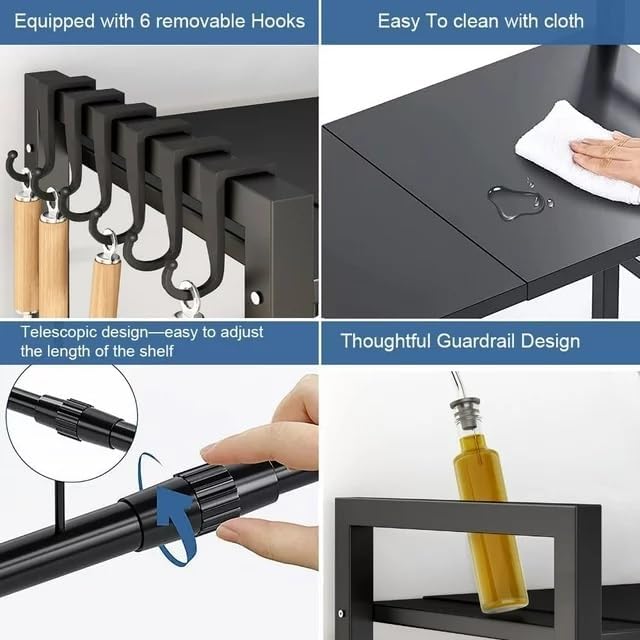 Image of HOME CUBE 1 Tier Microwave Oven Stand for Kitchen Expandable Microwave Oven Rack OTG Stand Kitchen Storage Shelf Spice Rack Toaster Grill Organizer Baker's Rack with 6 Hook (44.5x34.5x47.8 cm)