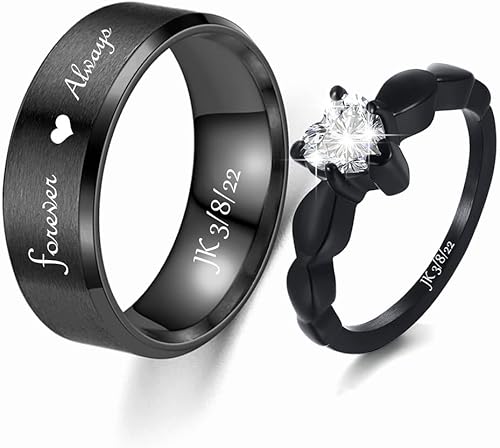 Anillos personalizados a juego para parejas, para él y ella, anillos de compromiso para él y ella, anillos de pareja negros de acero inoxidable con