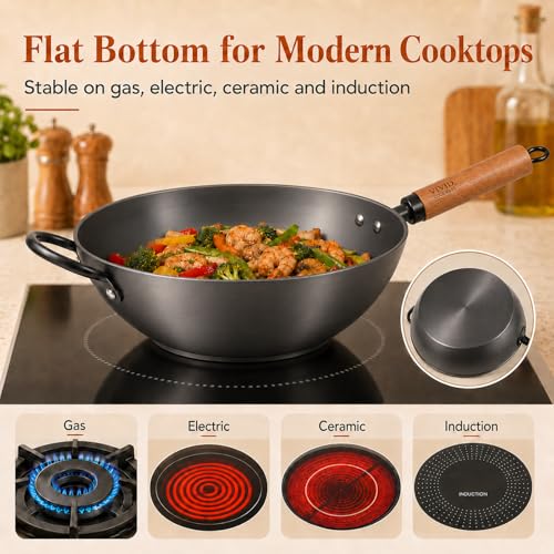 VIVIDCOOKWARE 12.6 Inch Carbon Steel Wok with Lid, Flat Bottom Induction Wok Pan, Non-Coated Stir Fry Wok Skillet with Helper Handle, Gas Electric Ceramic Halogen Compatible, Includes Iron Wok Spatula — view 6