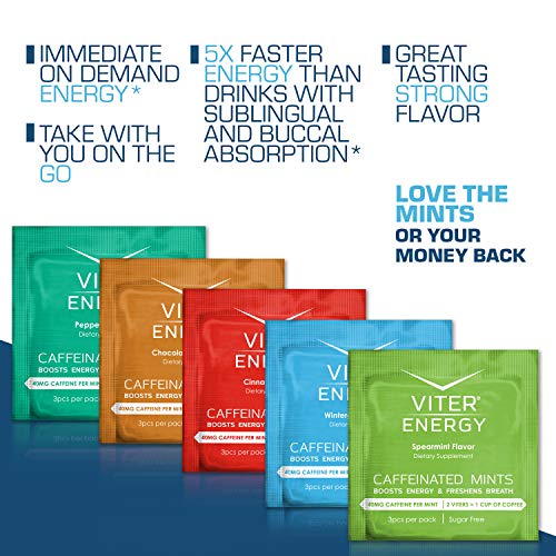 Viter Energy Caffeinated Mints - 5 Flavor Variety Sampler Pack. 40mg Caffeine, B Vitamins, Sugar Free Vegan Breath Mint. Powerful Energizing Boost. 2 Energy Mints Replace 1 Coffee, Gum, Chews, Gummies - Thumbnail 5