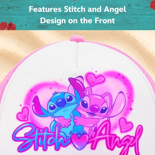 Image of Disney Stitch and Angel Trucker Hat, Adult Baseball Cap with Curved Brim, Pink, One Size