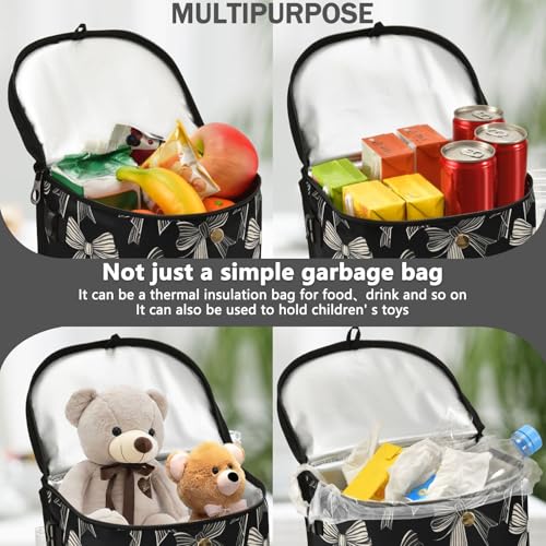 Image of Car Trash Can Black White Bow Car Garbage Bag with Lid Hanging Waterproof Leak Proof Vehicle Storage Bin