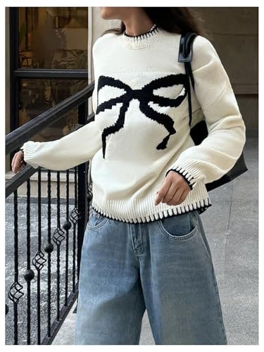 Image of BEAUDRM Women's Bow Graphic Knitted Sweater Crew Neck Long Sleeve Colorblock Pullover Knitwear Beige Large