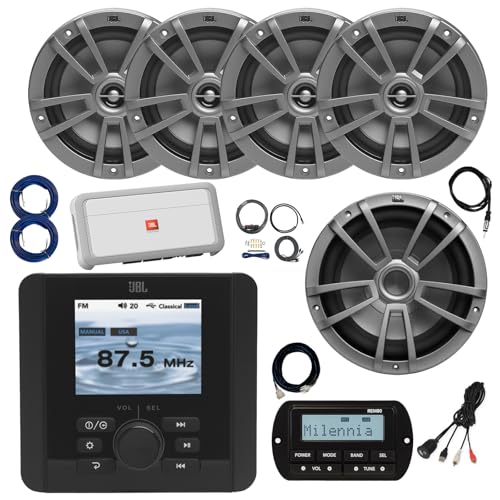 JBL JAM5000N Marine Gauge Hole Mount USB Bluetooth AM/FM/WB Receiver, Wired Remote, Extension, 4-Channel Amplifier w/Kit, 10