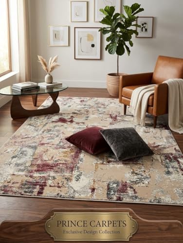 Image of 2x5 Feet (60x150 CM) Carpet for Bedroom Living Room & Hall - Burgundy Gold Modern Abstract Geometric Silk-Touch Luxury Hotel-Style Washable Anti-Skid Turkish Area Rug