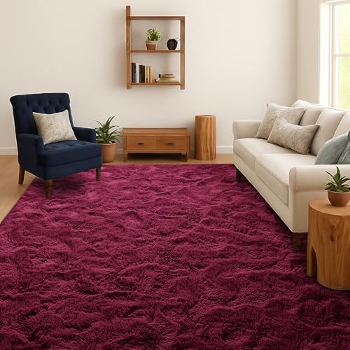 SOANNY Tapis à Poils Longs pour Salon, Lavable, Antidérapant & Doux, Uni Shaggy pour Chambre & Chambre d’Enfant, Rug de Chevet, 90x150 cm, Bordeaux