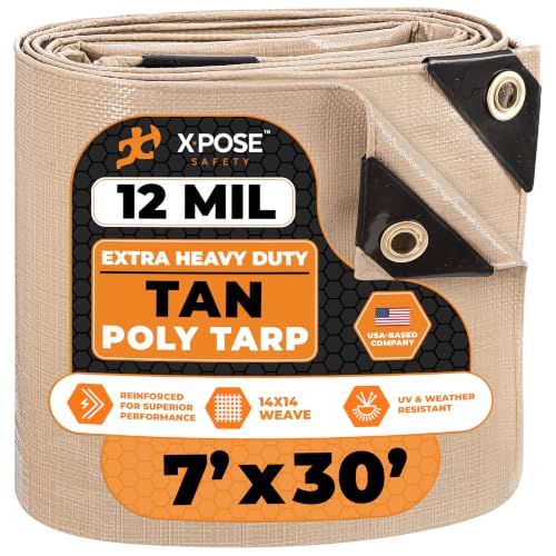 Heavy Duty Tan Poly Tarp 7' X 30' - Multipurpose Protective Cover - Durable, Waterproof, Weather Proof, Rip and Tear Resistant - Extra Thick 12 Mil Polyethylene - by Xpose Safety