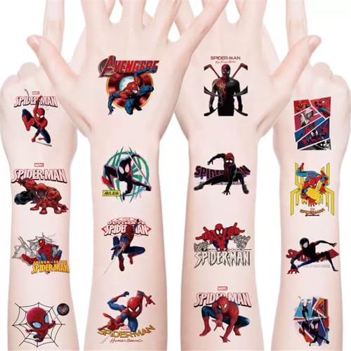 20Pcs Cartoon Spider-Man Temporary Tattoos Birthday Themed Party Supplies Decoration Favors Cartoon Cute Waterproof Sticker for Kids Boys Home Activity Class Prizes Christmas Rewards (zzx)