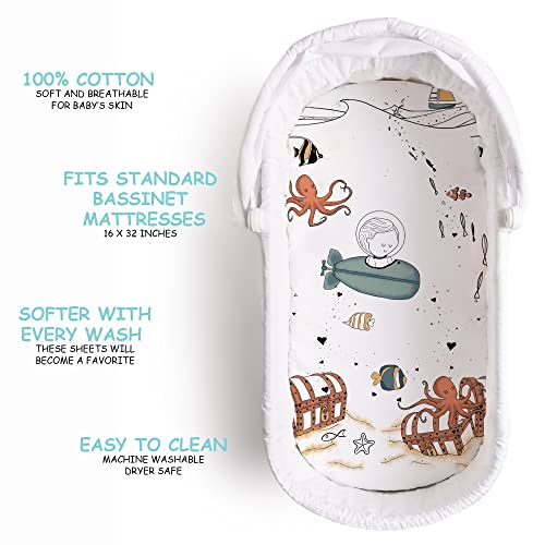 JumpOff Jo - Hypoallergenic Fitted Bassinet Sheet for Baby Boys & Girls - Rectangular, Hourglass & Oval Crib Compatible, Soft, Breathable, Machine Washable - Octopus Treasure