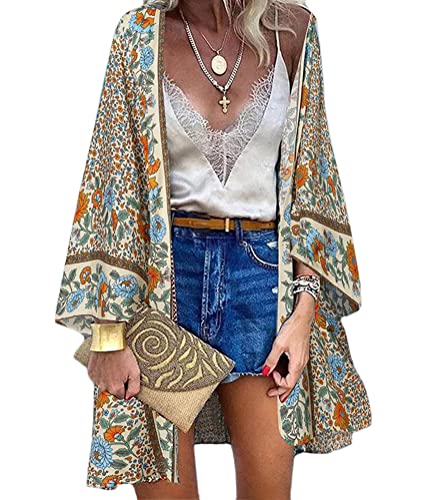 nicticsi Cardigan Donna in Chiffon Kimono Estivo da Donna Floreale Cardigan Kimono Mare Copricostume Casual Cover Up A Beige S