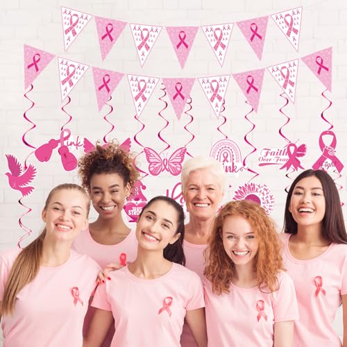 Image of Gameza Breast Cancer Decorations Pink - 12PCS Breast Cancer Awareness Decorations Pink and White Ribbon Banner Cancer Awareness Charity Activity Party Hanging Swirls Supplies Decor Home Office