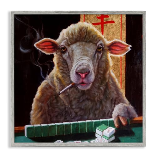 'Sheep Playing Mahjong Tile Game Smoking Animal'| Framed Giclee Art